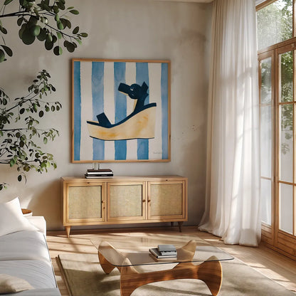 Beach Glam VII v2 Navy on Stripes by Mercedes Lopez Charro. Shown in a natural wood frame in a cozy modern living room. Available as an archival giclee rolled canvas, fine art paper, or poster print. SKU 71996a.