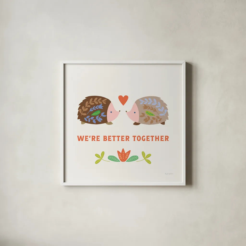 Better Together II by Mercedes Lopez Charro. Shown in a crisp white glass frame for a clean and minimalist style. Available as an archival giclee rolled canvas, fine art paper, or poster print. SKU 83012a.