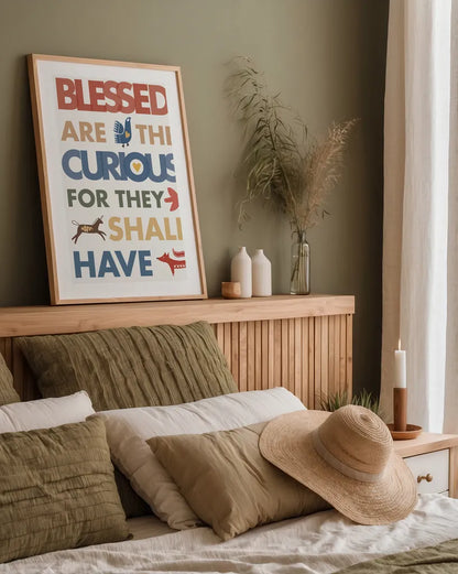 Blessed are the Curious by Mercedes Lopez Charro. shown as a paper print in a natural frame. Available as a archival giclee rolled canvas, fine art paper, or poster print. SKU 77123h.