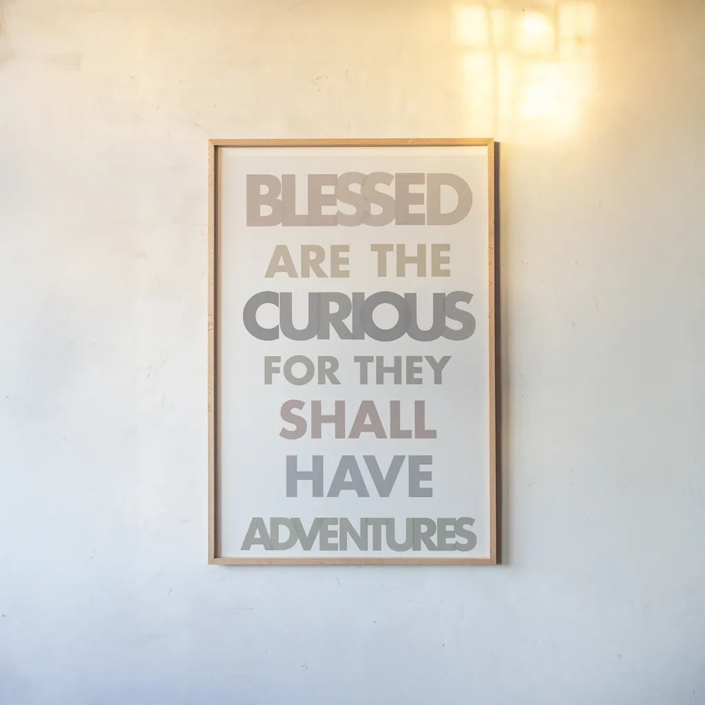 Blessed are the Curious II by Mercedes Lopez Charro. shown as a paper print in a natural frame. Available as a archival giclee rolled canvas, fine art paper, or poster print. SKU 77214h.