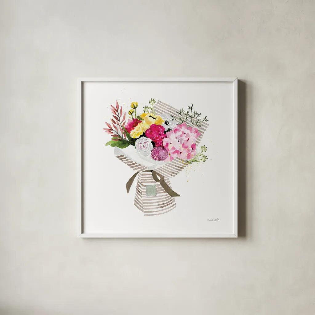 Bloom with Grace by Mercedes Lopez Charro. Shown in a crisp white glass frame for a clean and minimalist style. Available as an archival giclee rolled canvas, fine art paper, or poster print. SKU 72144a.
