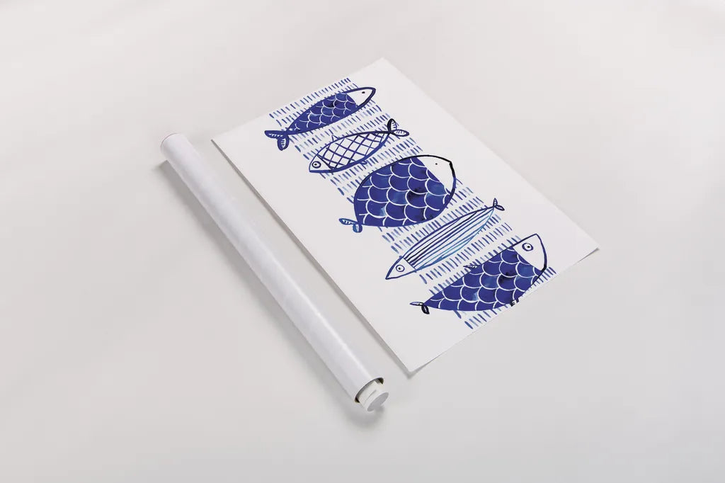 Blue Fish I by Mercedes Lopez Charro. shown as a rolled paper print. Available as archival giclee rolled canvas, fine art paper, or poster print. SKU 77493h.