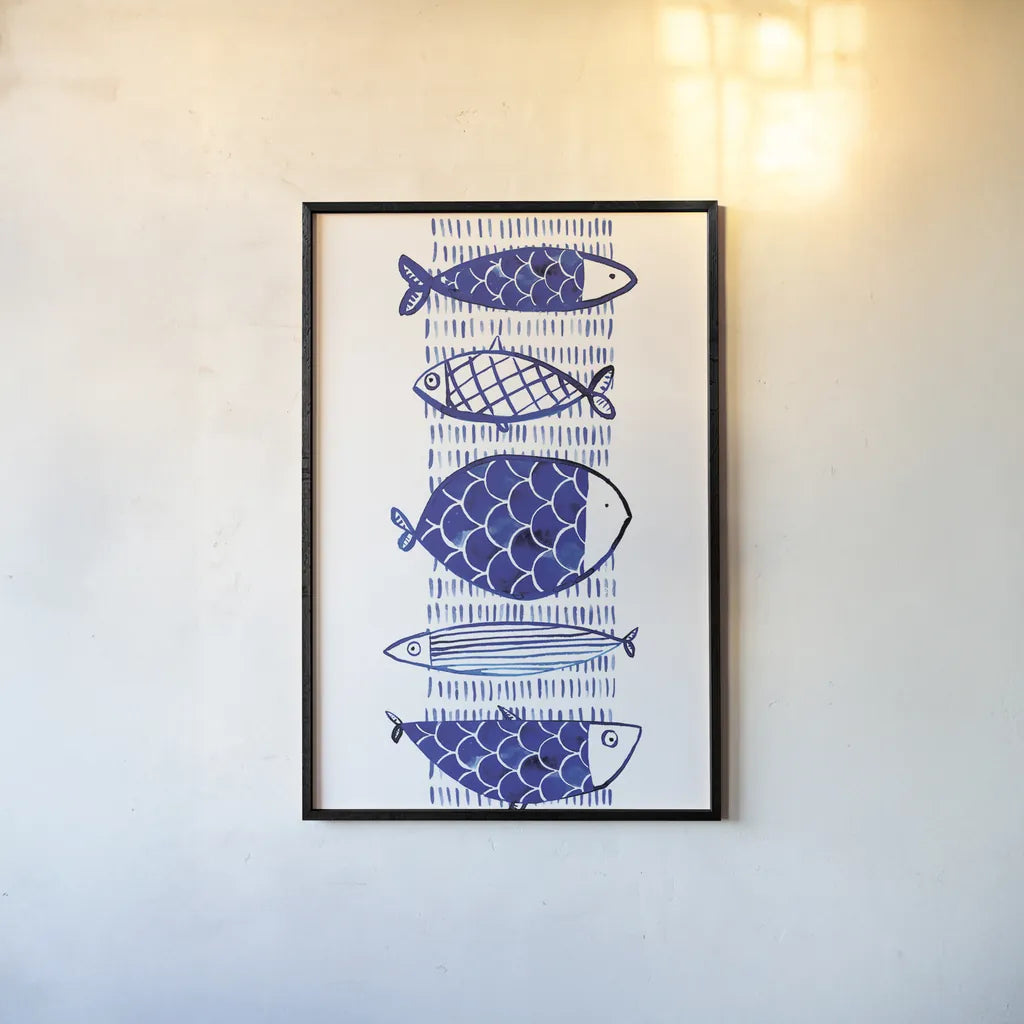 Blue Fish I by Mercedes Lopez Charro. shown as a paper print in a black flame. Available as a archival giclee rolled canvas, fine art paper, or poster print. SKU 77493h.