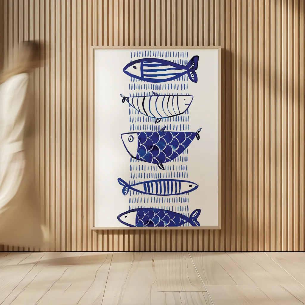 Blue Fish II by Mercedes Lopez Charro. shown as over sized large wall art. Available as an archival giclee rolled canvas, fine art paper, or poster print. SKU 77494h.