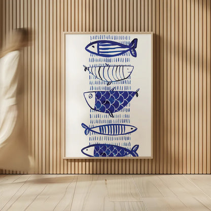Blue Fish II by Mercedes Lopez Charro. shown as over sized large wall art. Available as an archival giclee rolled canvas, fine art paper, or poster print. SKU 77494h.