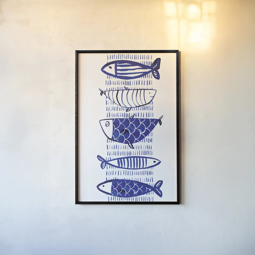 Blue Fish II by Mercedes Lopez Charro. shown as a paper print in a black flame. Available as a archival giclee rolled canvas, fine art paper, or poster print. SKU 77494h.