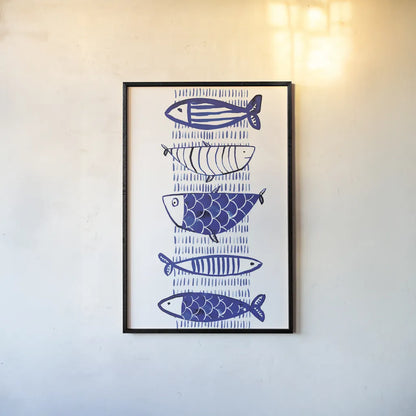 Blue Fish II by Mercedes Lopez Charro. shown as a paper print in a black flame. Available as a archival giclee rolled canvas, fine art paper, or poster print. SKU 77494h.