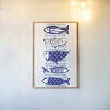 Blue Fish II by Mercedes Lopez Charro. shown as a paper print in a natural frame. Available as a archival giclee rolled canvas, fine art paper, or poster print. SKU 77494h.