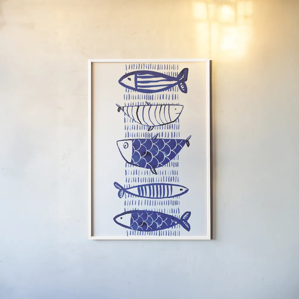 Blue Fish II by Mercedes Lopez Charro. shown as a paper print in a white frame. Available as a archival giclee rolled canvas, fine art paper, or poster print. SKU 77494h.