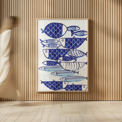 Blue Fish III by Mercedes Lopez Charro. shown as over sized large wall art. Available as an archival giclee rolled canvas, fine art paper, or poster print. SKU 77495h.
