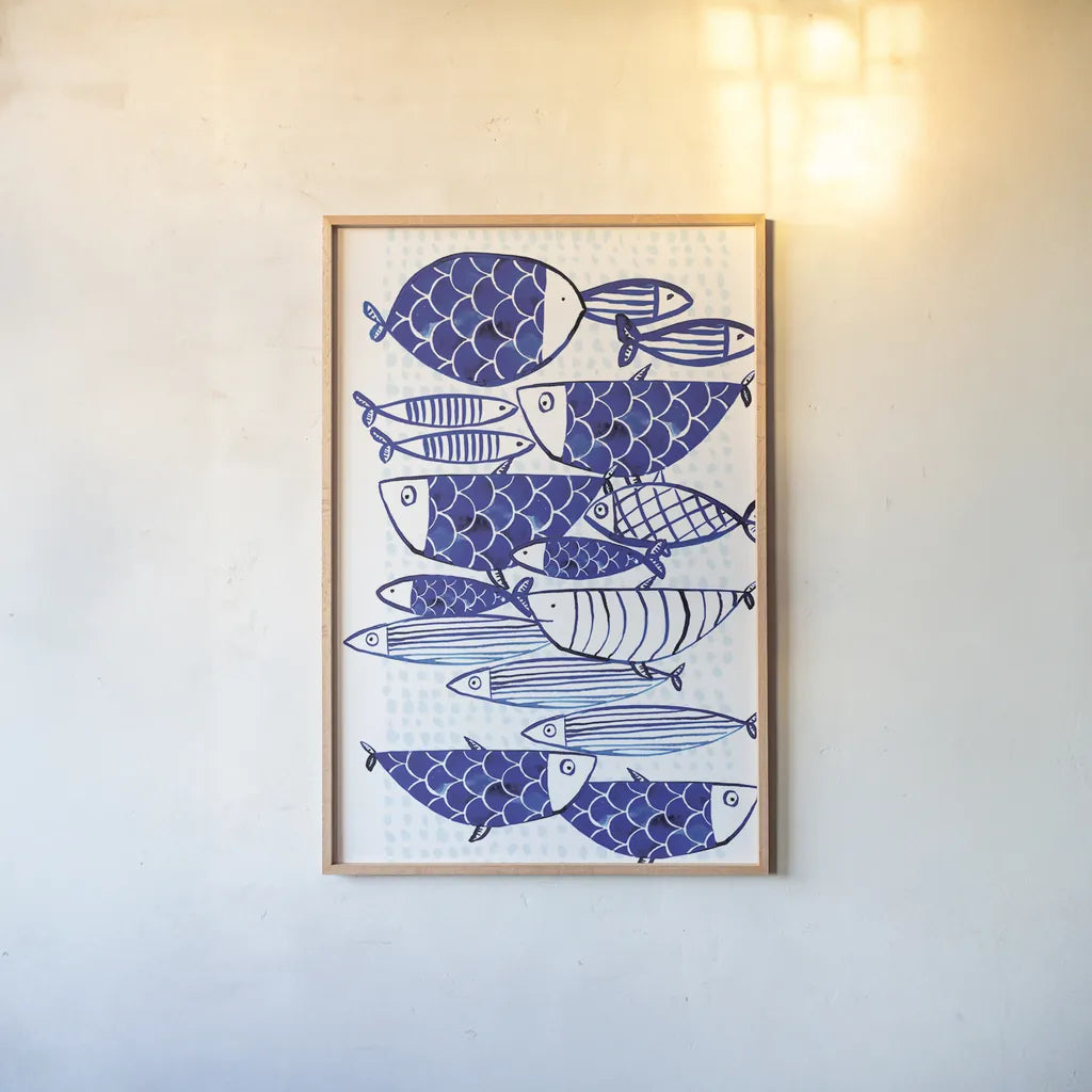 Blue Fish III by Mercedes Lopez Charro. shown as a paper print in a natural frame. Available as a archival giclee rolled canvas, fine art paper, or poster print. SKU 77495h.