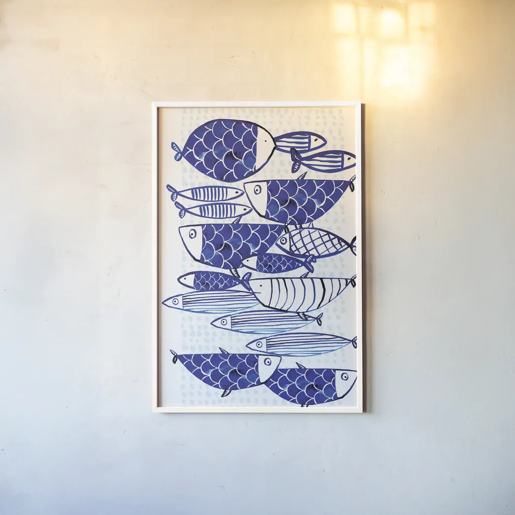 Blue Fish III by Mercedes Lopez Charro. shown as a paper print in a white frame. Available as a archival giclee rolled canvas, fine art paper, or poster print. SKU 77495h.