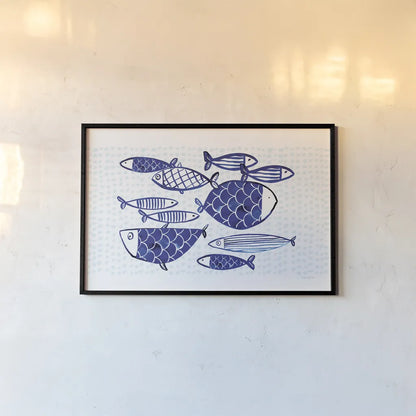 Blue Fish IV by Mercedes Lopez Charro. shown as a paper print in a black flame. Available as a archival giclee rolled canvas, fine art paper, or poster print. SKU 79252i.