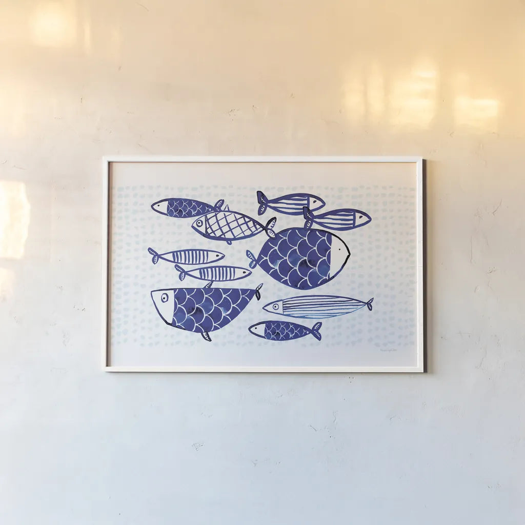 Blue Fish IV by Mercedes Lopez Charro. shown as a paper print in a white frame. Available as a archival giclee rolled canvas, fine art paper, or poster print. SKU 79252i.