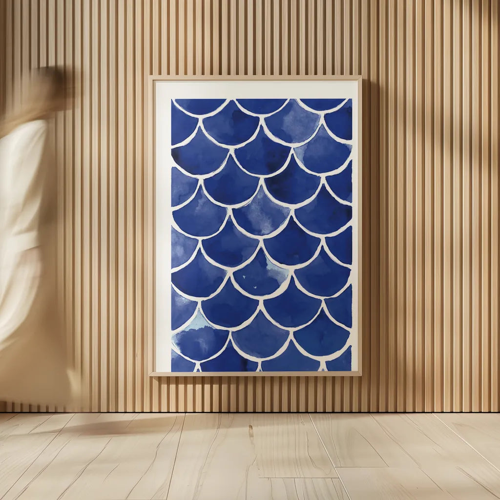 Blue Fish Waves by Mercedes Lopez Charro. shown as over sized large wall art. Available as an archival giclee rolled canvas, fine art paper, or poster print. SKU 77496h.