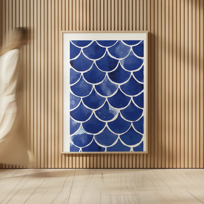 Blue Fish Waves by Mercedes Lopez Charro. shown as over sized large wall art. Available as an archival giclee rolled canvas, fine art paper, or poster print. SKU 77496h.
