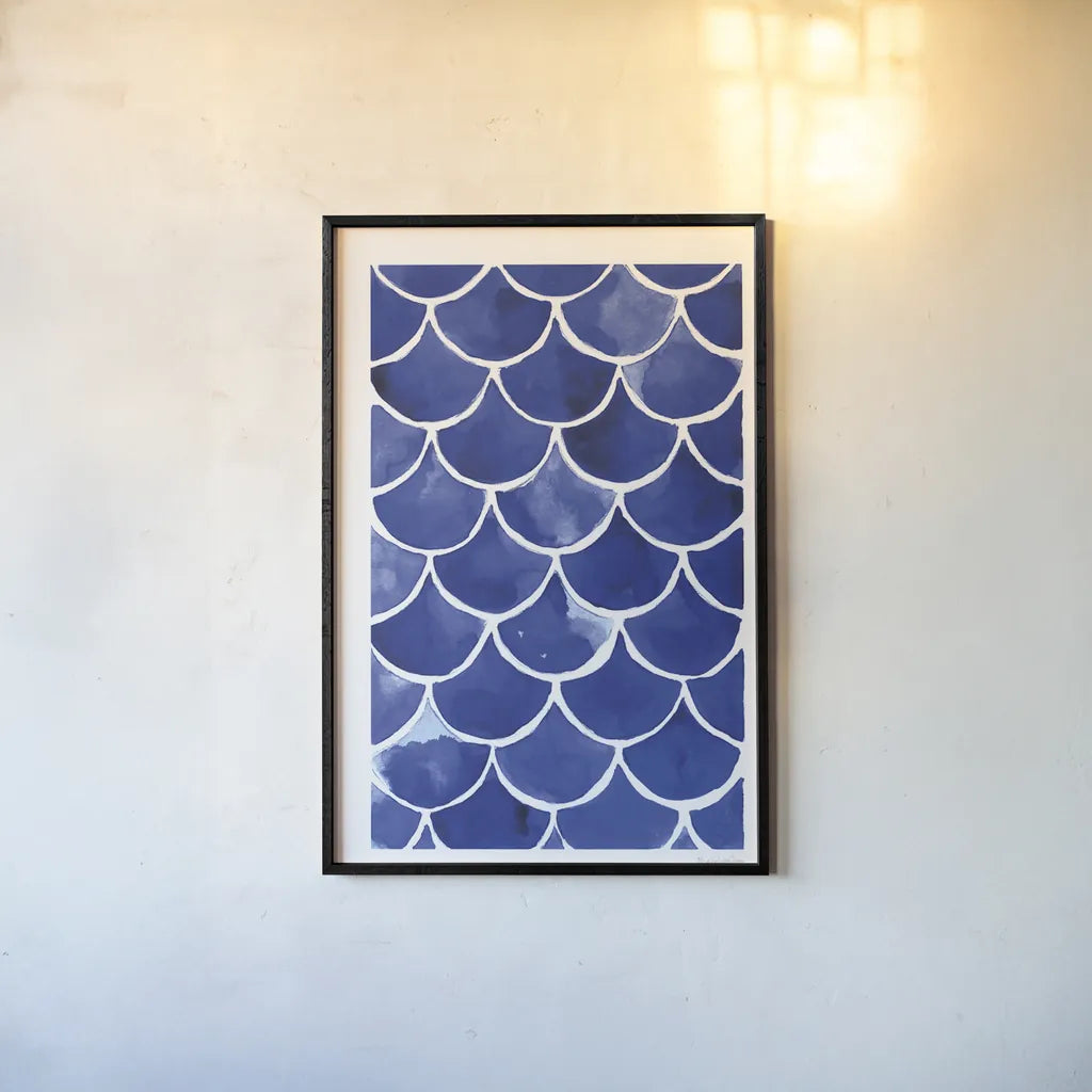 Blue Fish Waves by Mercedes Lopez Charro. shown as a paper print in a black flame. Available as a archival giclee rolled canvas, fine art paper, or poster print. SKU 77496h.