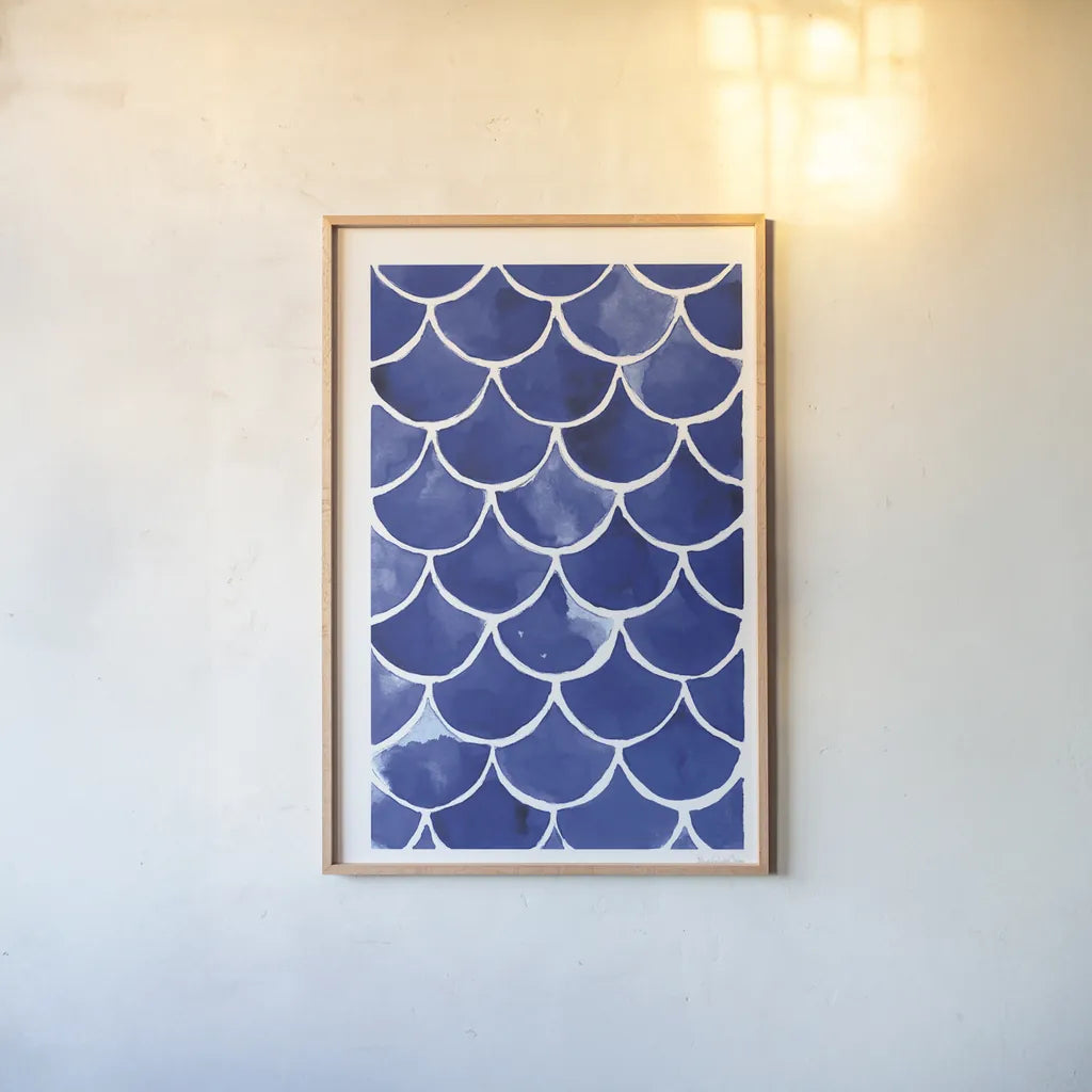 Blue Fish Waves by Mercedes Lopez Charro. shown as a paper print in a natural frame. Available as a archival giclee rolled canvas, fine art paper, or poster print. SKU 77496h.