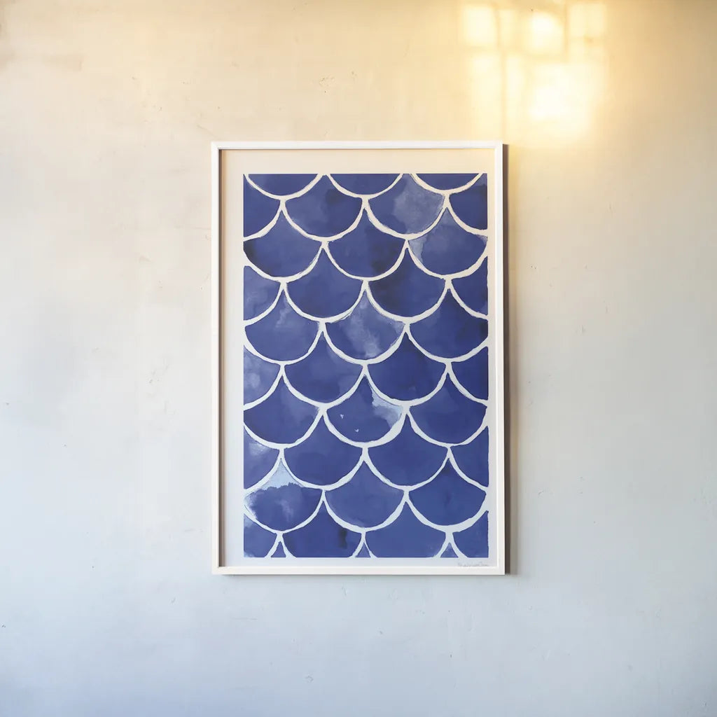 Blue Fish Waves by Mercedes Lopez Charro. shown as a paper print in a white frame. Available as a archival giclee rolled canvas, fine art paper, or poster print. SKU 77496h.