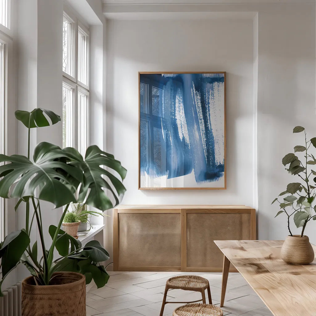 Bold Blue I by Mercedes Lopez Charro. shown as a print in a natural wood frame in a dining room. Available as a archival giclee rolled canvas, fine art paper, or poster print. SKU 64826h.