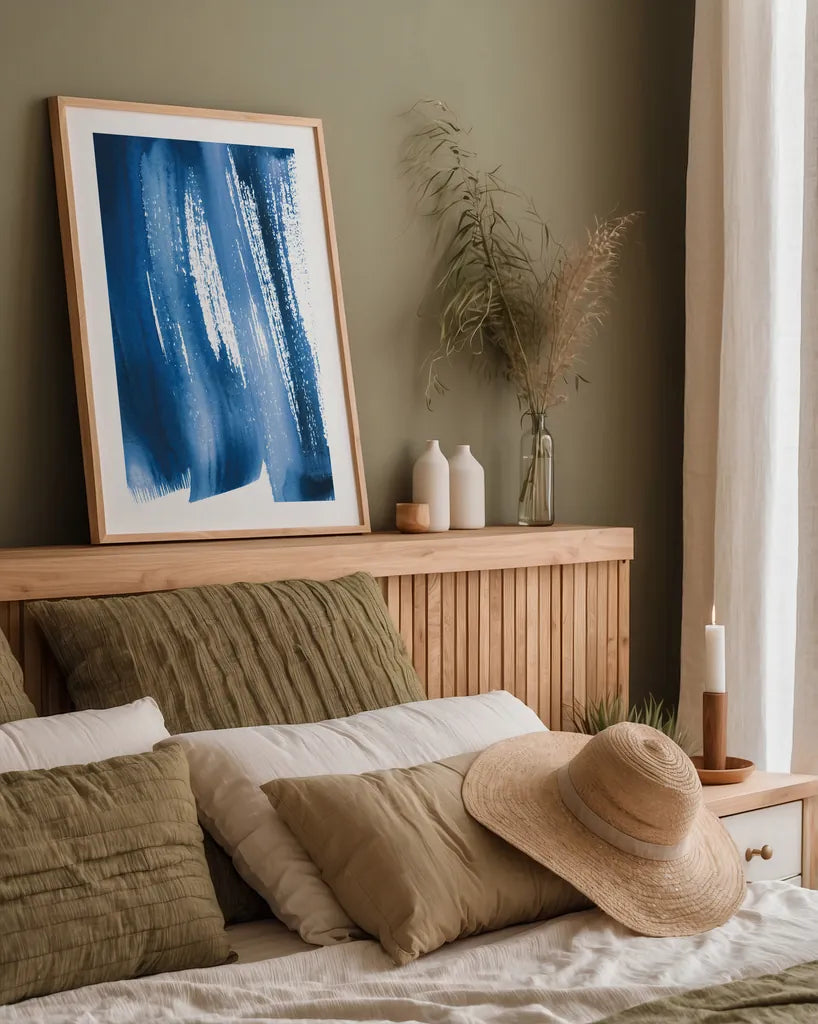 Bold Blue I by Mercedes Lopez Charro. shown as a paper print in a natural frame. Available as a archival giclee rolled canvas, fine art paper, or poster print. SKU 64826h.