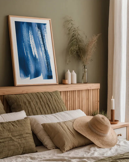 Bold Blue I by Mercedes Lopez Charro. shown as a paper print in a natural frame. Available as a archival giclee rolled canvas, fine art paper, or poster print. SKU 64826h.