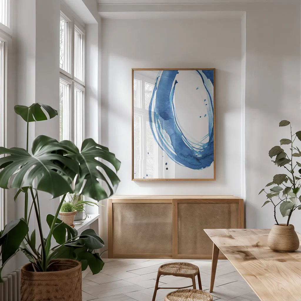 Bold Blue II by Mercedes Lopez Charro. shown as a print in a natural wood frame in a dining room. Available as a archival giclee rolled canvas, fine art paper, or poster print. SKU 64827h.