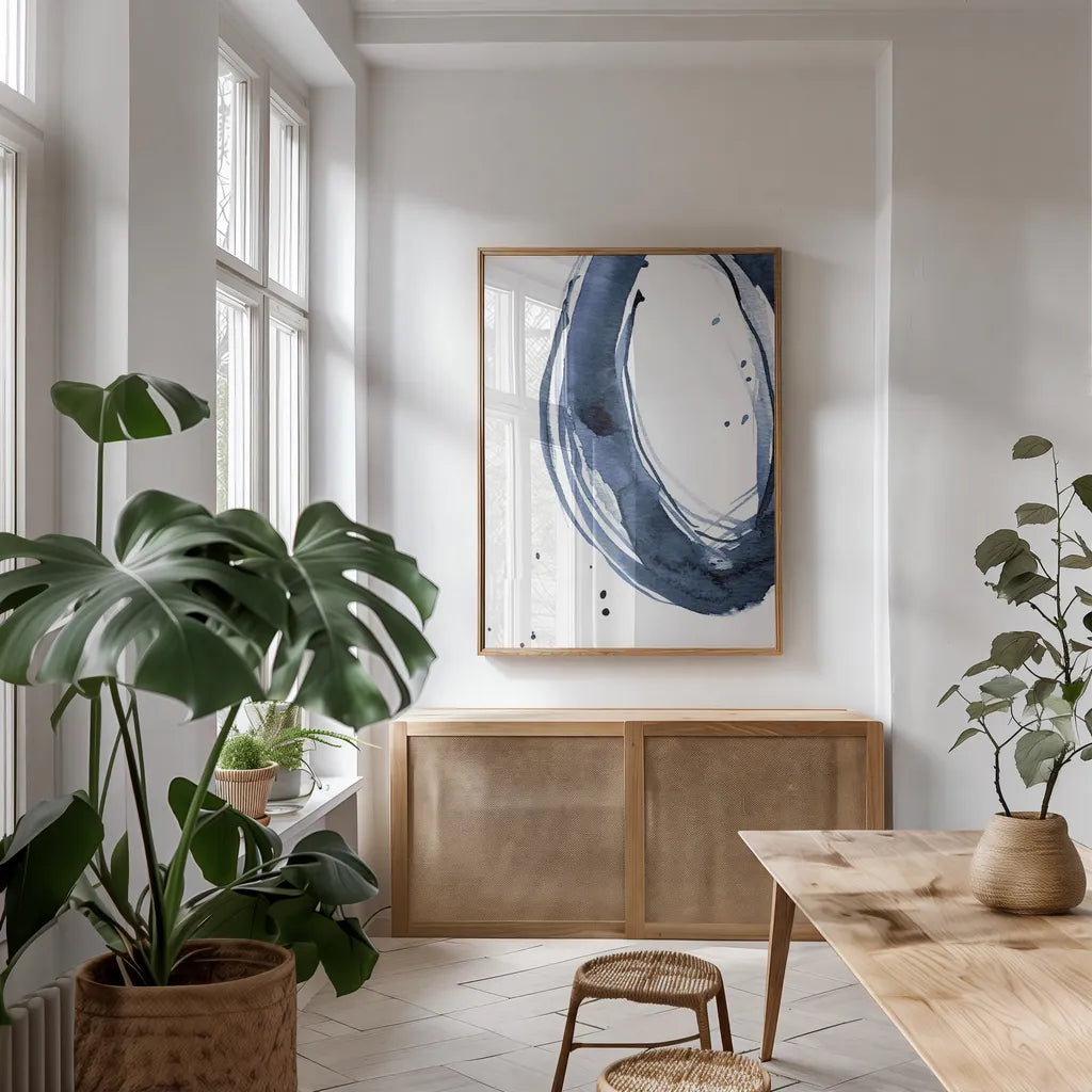 Bold Blue II Dark by Mercedes Lopez Charro. shown as a print in a natural wood frame in a dining room. Available as a archival giclee rolled canvas, fine art paper, or poster print. SKU 90111h.