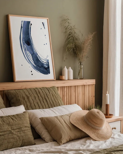 Bold Blue II Dark by Mercedes Lopez Charro. shown as a paper print in a natural frame. Available as a archival giclee rolled canvas, fine art paper, or poster print. SKU 90111h.