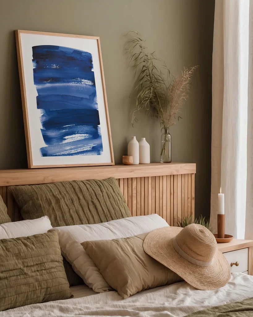 Bold Blue IV by Mercedes Lopez Charro. shown as a paper print in a natural frame. Available as a archival giclee rolled canvas, fine art paper, or poster print. SKU 64829h.