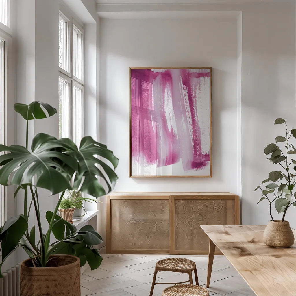 Bold Neon I by Mercedes Lopez Charro. shown as a print in a natural wood frame in a dining room. Available as a archival giclee rolled canvas, fine art paper, or poster print. SKU 80378h.