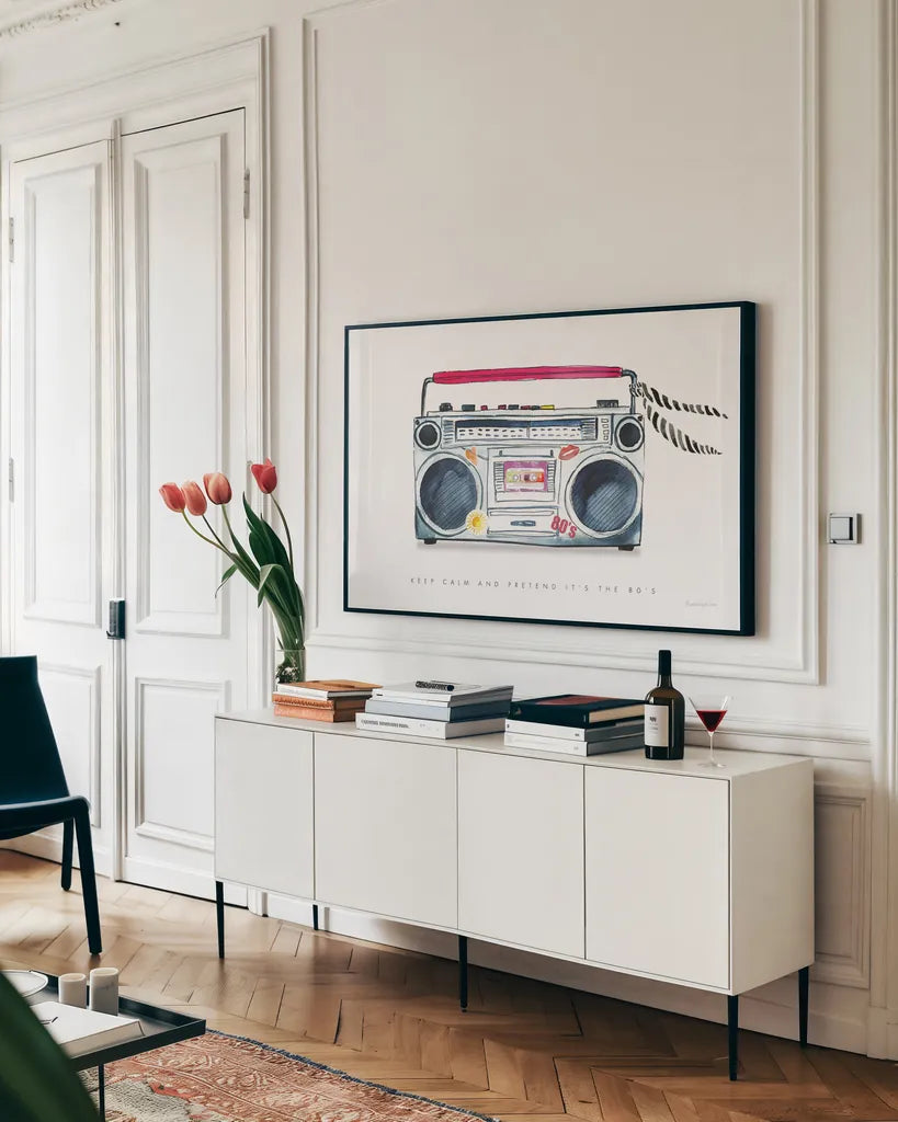 Boombox Love by Mercedes Lopez Charro. shown as a framed stretched canvas in a living room above a console. Available as a archival giclee rolled canvas, fine art paper, or poster print. SKU 77126i.
