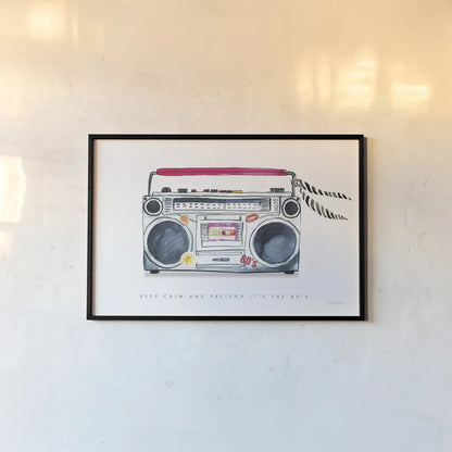 Boombox Love by Mercedes Lopez Charro. shown as a paper print in a black flame. Available as a archival giclee rolled canvas, fine art paper, or poster print. SKU 77126i.