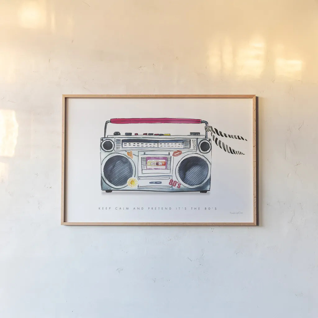 Boombox Love by Mercedes Lopez Charro. shown as a paper print in a natural frame. Available as a archival giclee rolled canvas, fine art paper, or poster print. SKU 77126i.