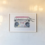 Boombox Love by Mercedes Lopez Charro. shown as a paper print in a white frame. Available as a archival giclee rolled canvas, fine art paper, or poster print. SKU 77126i.
