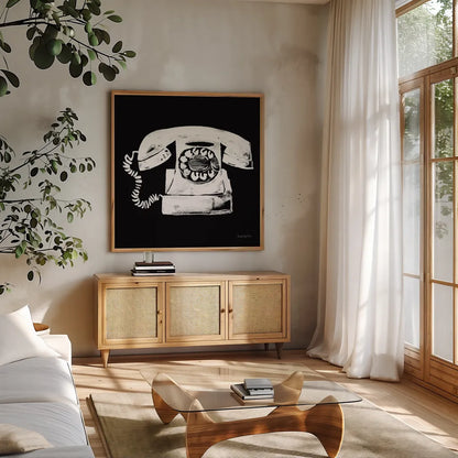 Call Me by Mercedes Lopez Charro. Shown in a natural wood frame in a cozy modern living room. Available as an archival giclee rolled canvas, fine art paper, or poster print. SKU 73179a.