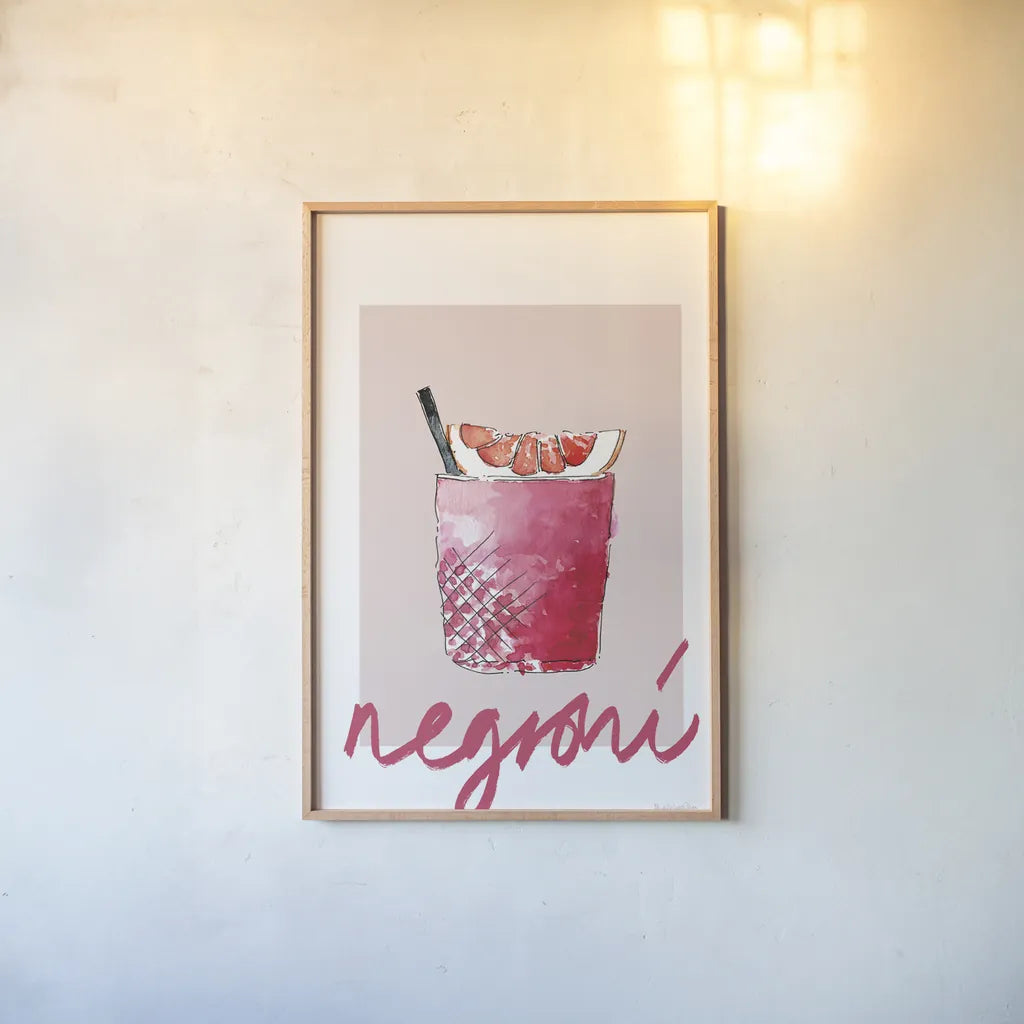 Cheers I on White by Mercedes Lopez Charro. shown as a paper print in a natural frame. Available as a archival giclee rolled canvas, fine art paper, or poster print. SKU 91157h.