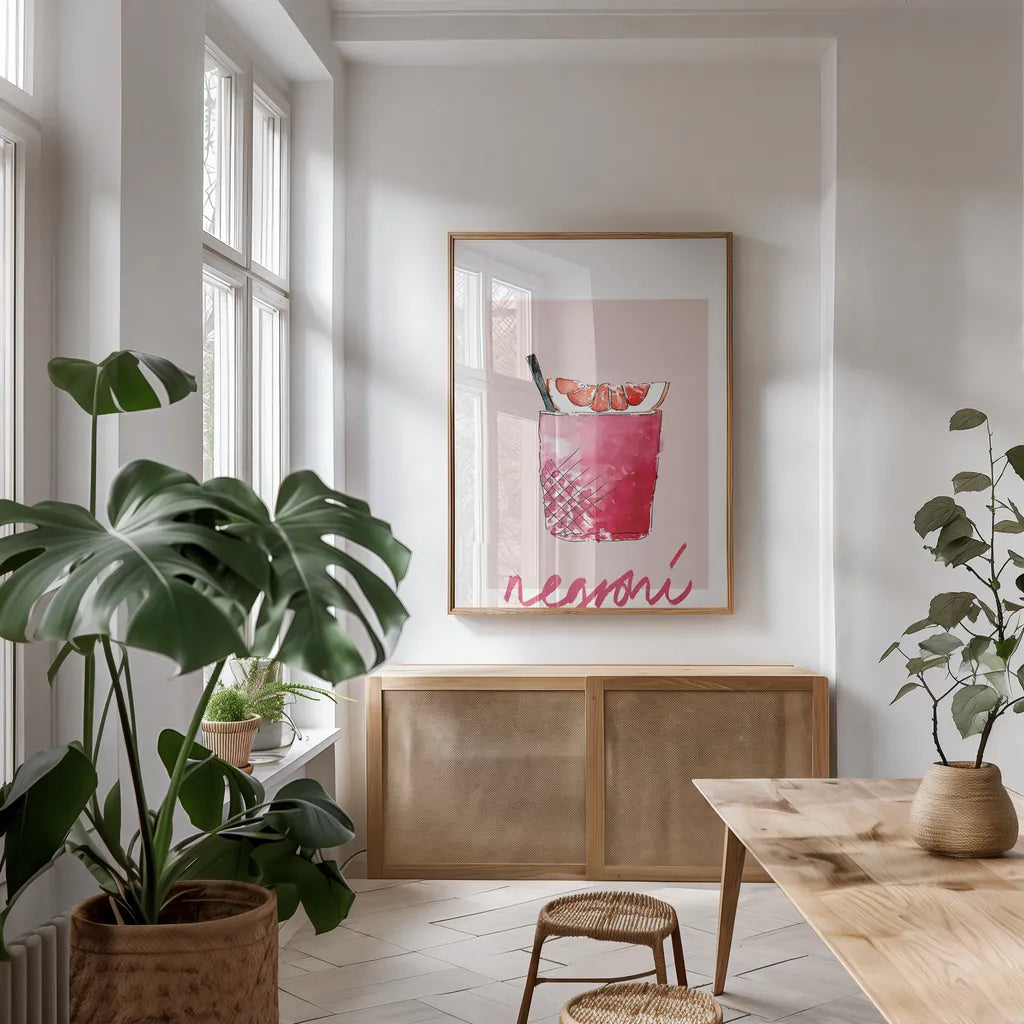 Cheers I on White v2 by Mercedes Lopez Charro. shown as a print in a natural wood frame in a dining room. Available as a archival giclee rolled canvas, fine art paper, or poster print. SKU 91307h.