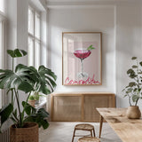 Cheers II by Mercedes Lopez Charro. shown as a print in a natural wood frame in a dining room. Available as a archival giclee rolled canvas, fine art paper, or poster print. SKU 85673h.