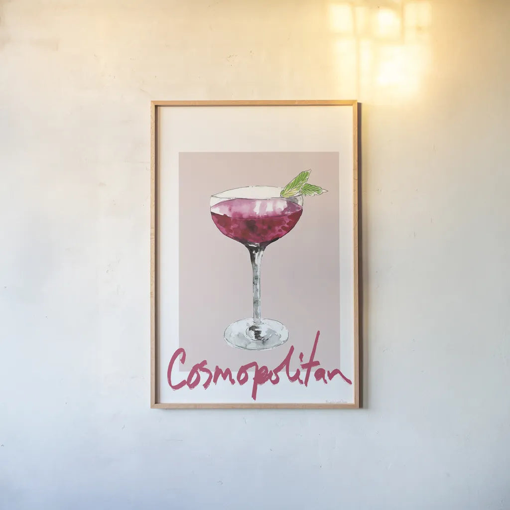 Cheers II on White by Mercedes Lopez Charro. shown as a paper print in a natural frame. Available as a archival giclee rolled canvas, fine art paper, or poster print. SKU 91158h.