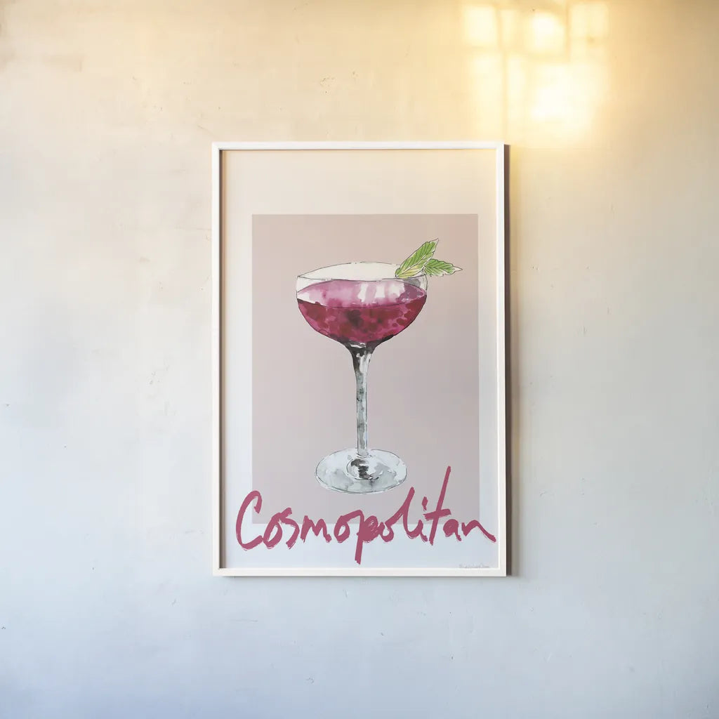 Cheers II on White by Mercedes Lopez Charro. shown as a paper print in a white frame. Available as a archival giclee rolled canvas, fine art paper, or poster print. SKU 91158h.