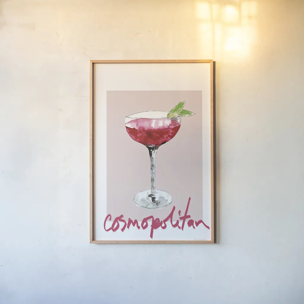 Cheers II on White v2 by Mercedes Lopez Charro. shown as a paper print in a natural frame. Available as a archival giclee rolled canvas, fine art paper, or poster print. SKU 91308h.