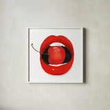 Cherry Lips by Mercedes Lopez Charro. Shown in a crisp white glass frame for a clean and minimalist style. Available as an archival giclee rolled canvas, fine art paper, or poster print. SKU 65694a.