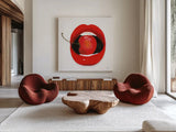 Cherry Lips by Mercedes Lopez Charro. Shown as extra-large giant wall art in a modern living room. Available as an archival giclee rolled canvas, fine art paper, or poster print. SKU 65694a.