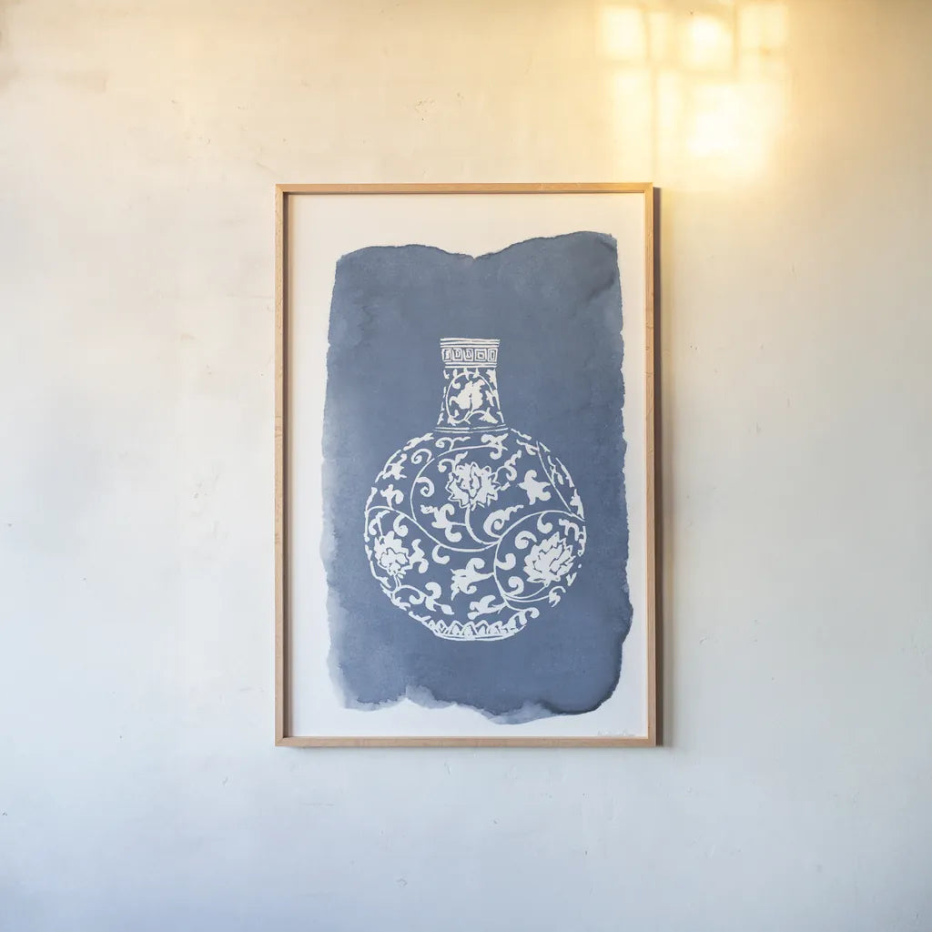 Chinese Vase I by Mercedes Lopez Charro. shown as a paper print in a natural frame. Available as a archival giclee rolled canvas, fine art paper, or poster print. SKU 64226h.