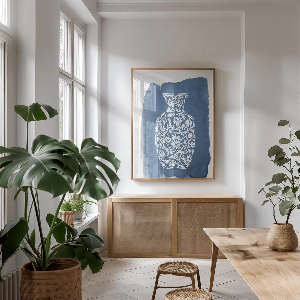 Chinese Vase II by Mercedes Lopez Charro. shown as a print in a natural wood frame in a dining room. Available as a archival giclee rolled canvas, fine art paper, or poster print. SKU 64227h.