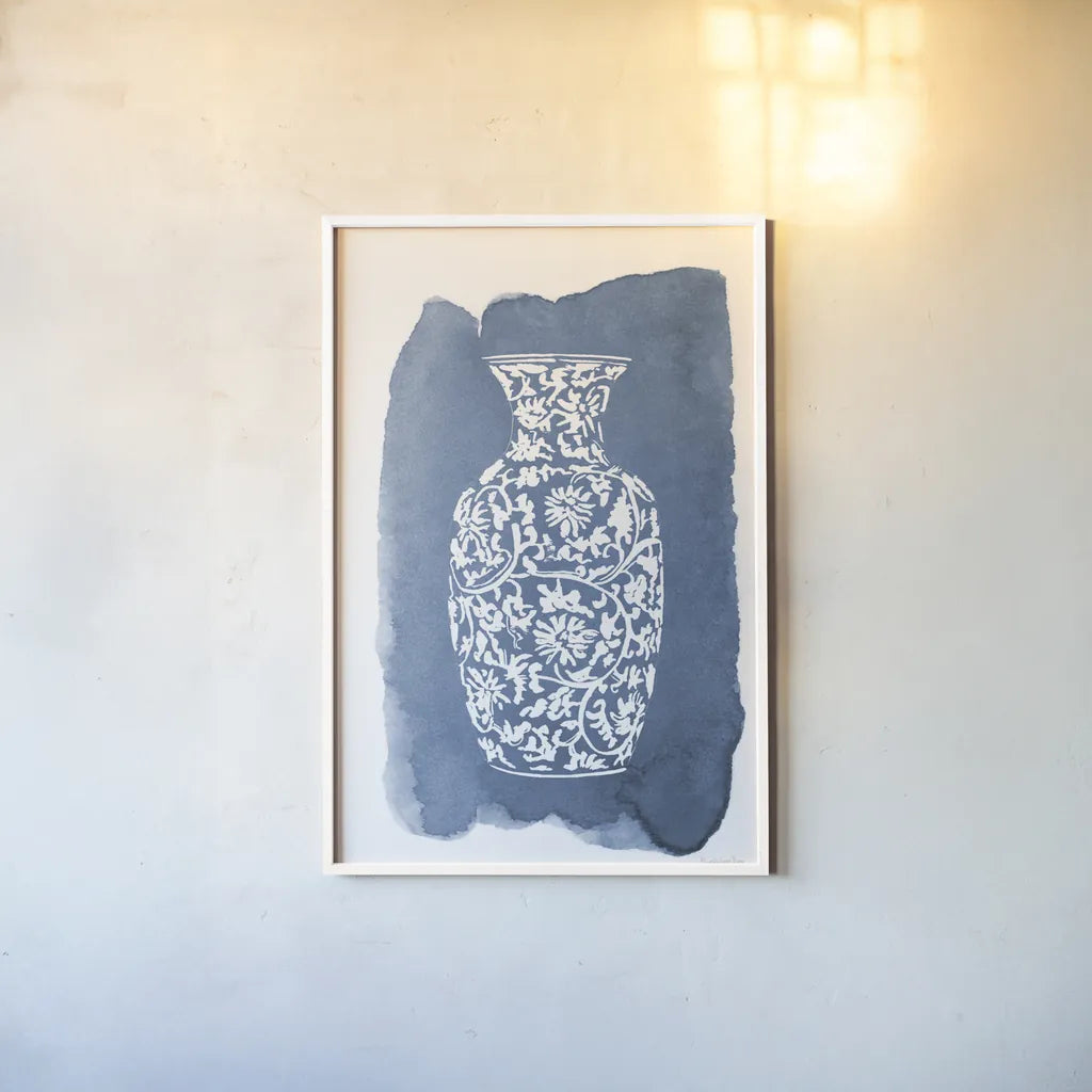 Chinese Vase II by Mercedes Lopez Charro. shown as a paper print in a white frame. Available as a archival giclee rolled canvas, fine art paper, or poster print. SKU 64227h.