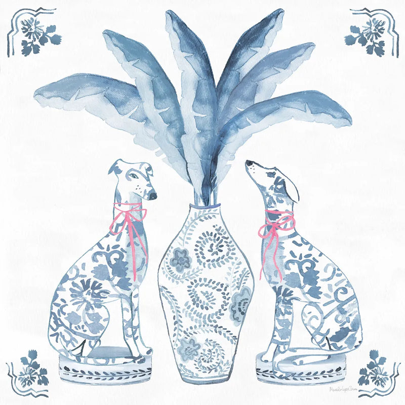 Chinoiserie Dogs I by Mercedes Lopez Charro. SKU 94607a. Archival Giclee Fine art print for wall decor.