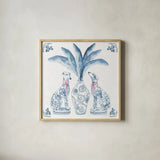 Chinoiserie Dogs I by Mercedes Lopez Charro. Shown in a natural wood glass frame for a timeless modern aesthetic. Available as an archival giclee rolled canvas, fine art paper, or poster print. SKU 94607a.