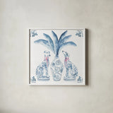 Chinoiserie Dogs I by Mercedes Lopez Charro. Shown in a crisp white glass frame for a clean and minimalist style. Available as an archival giclee rolled canvas, fine art paper, or poster print. SKU 94607a.